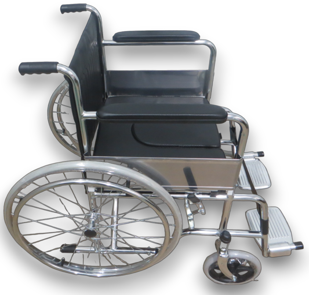 SILLA DE RUEDAS DOBLE FUNCIÓN PLEGABLE CON INODORO EXTRAÍBLE.